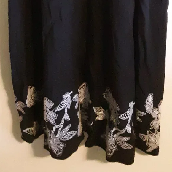 Loft White Embroidered Floral Split Neck Black Dress(as is -no belt) - Picture 2 of 14